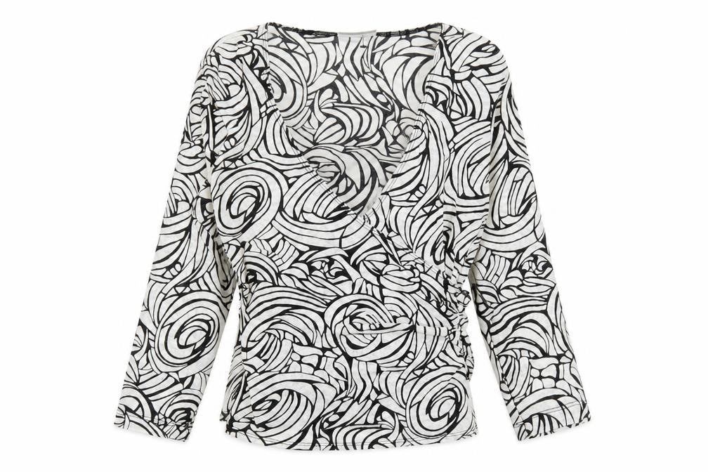 Front view of Wallis women’s beige geometric polyester basic blouse, size UK 14, v-neck