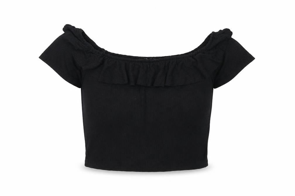 Front view of Zara women’s black polyester cropped blouse, size L, round neck