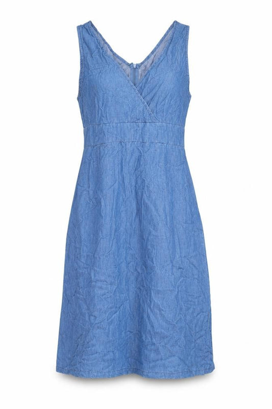 Front view of Vero Moda women’s blue cotton a-line, size L, v-neck zip