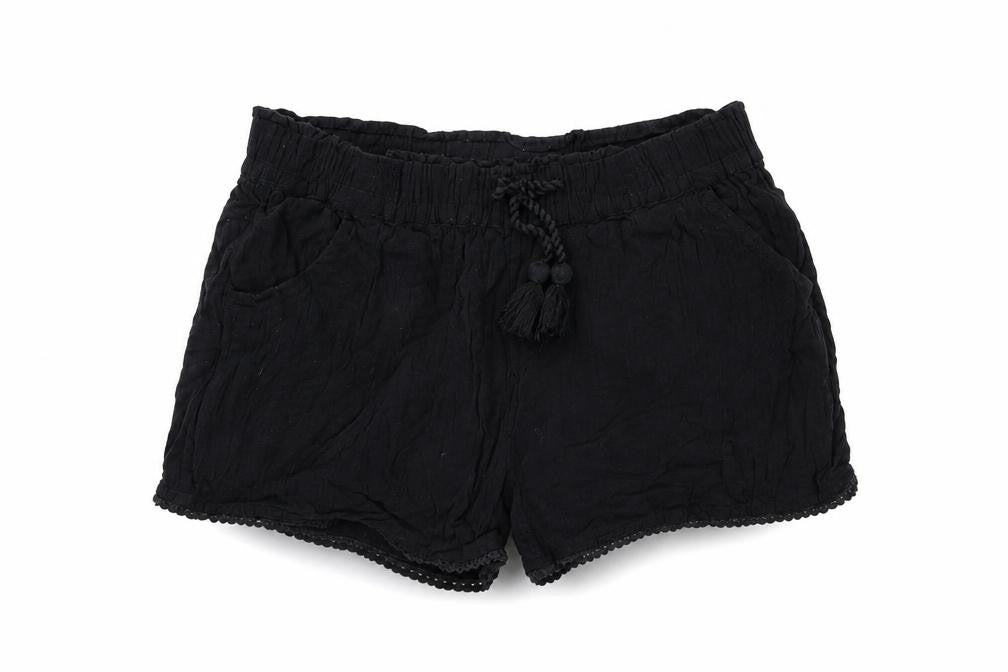 Front view of Next girls’ black viscose sweat shorts, size 12, years regular drawstring