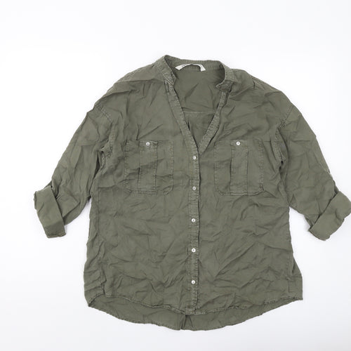 Zara Womens Green Polyester Basic Button-Up Size XS V-Neck