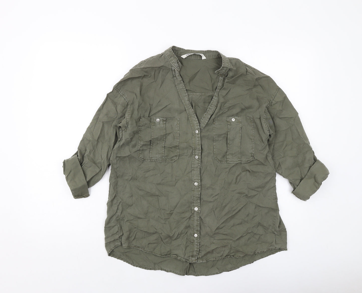 Zara Womens Green Polyester Basic Button-Up Size XS V-Neck