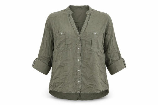 Front view of Zara women’s green polyester basic button-up, size XS, v-neck