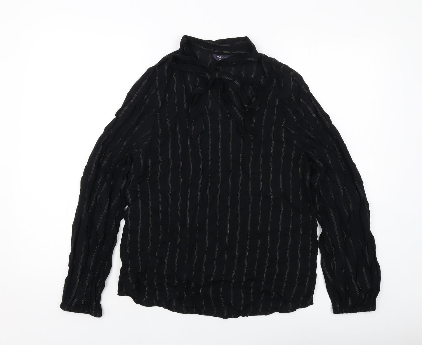 Marks and Spencer Womens Black Striped Viscose Basic Blouse Size 8 V-Neck