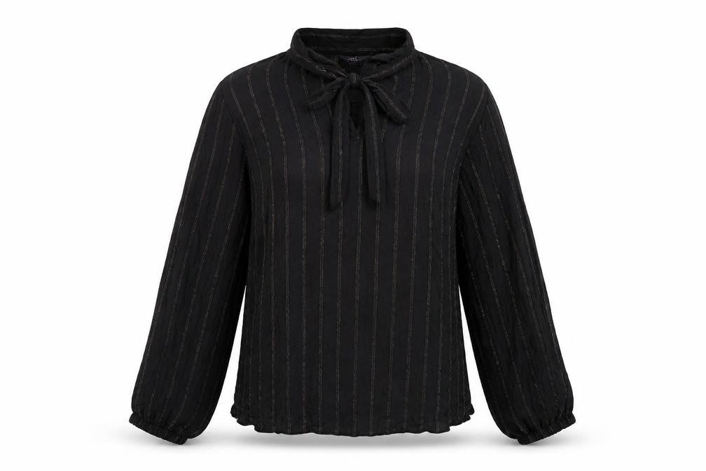 Front view of Marks & Spencer women’s black striped viscose basic blouse, size UK 8, v-neck