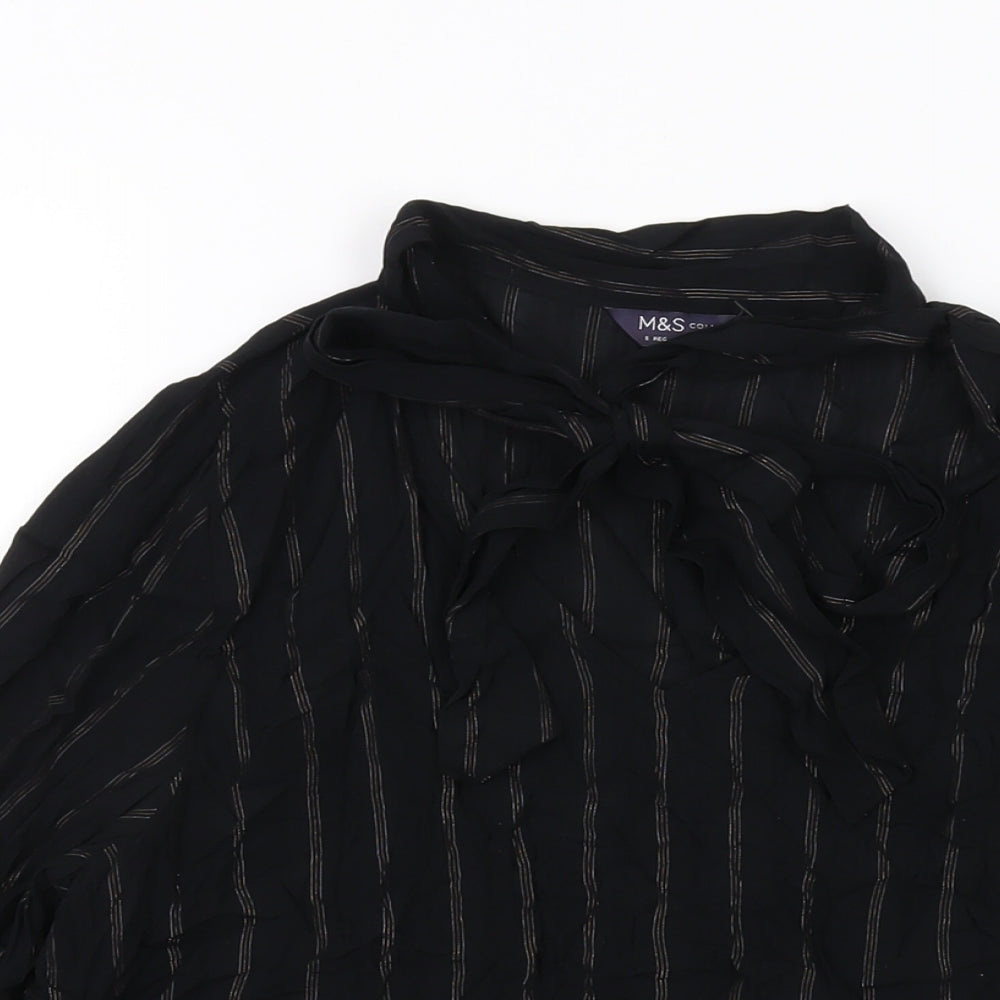 Marks and Spencer Womens Black Striped Viscose Basic Blouse Size 8 V-Neck