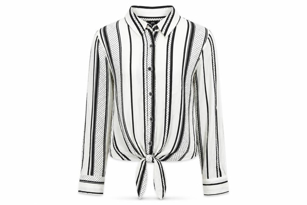 Front view of River Island women’s ivory striped viscose basic button-up, size UK 10, collared