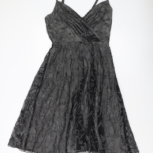 Coast Womens Black Geometric Polyester A-Line Size 12 V-Neck Zip