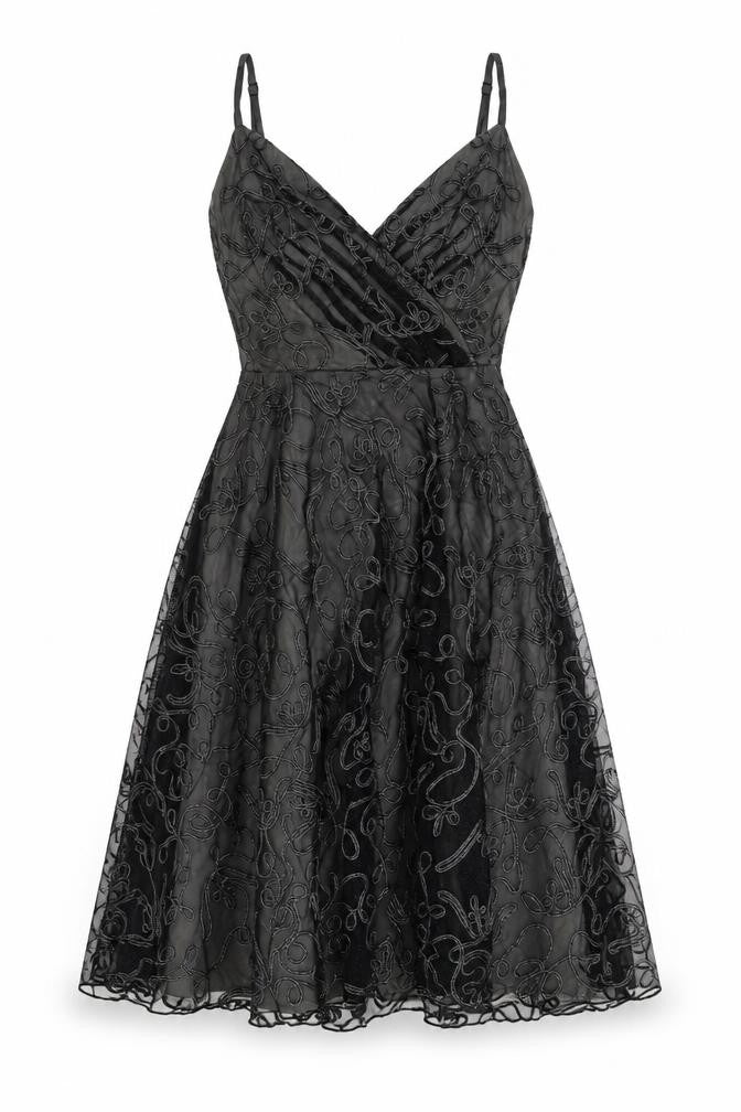 Front view of Coast women’s black geometric polyester a-line, size UK 12, v-neck zip