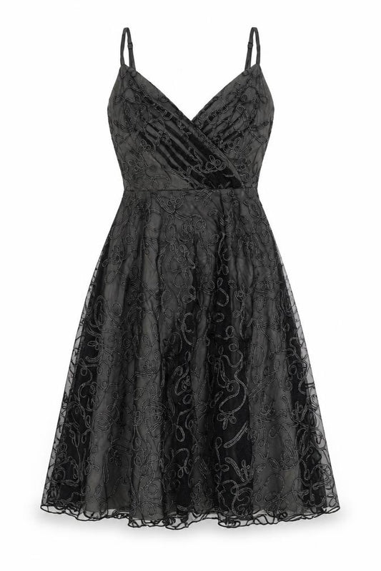 Front view of Coast women’s black geometric polyester a-line, size UK 12, v-neck zip