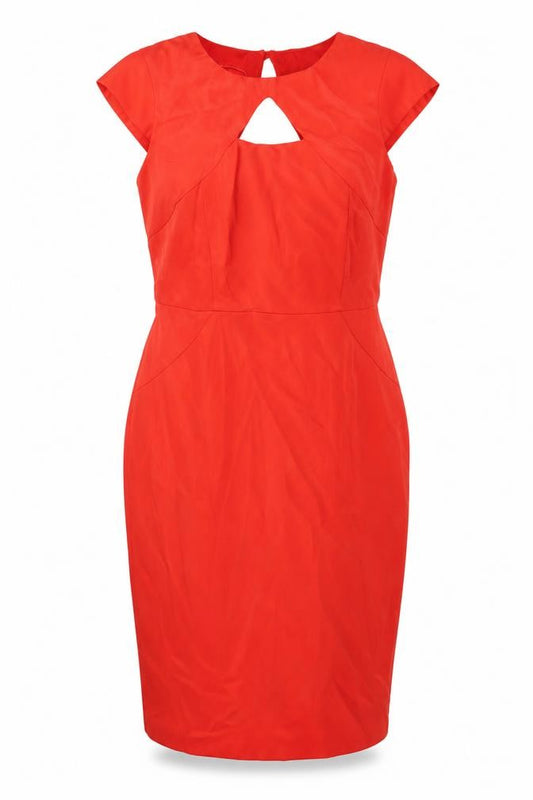 Front view of BHS women’s red polyester sheath, size UK 16, round neck button