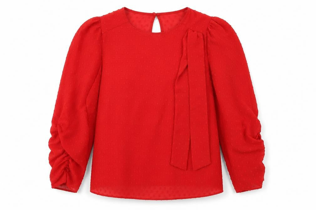 Front view of Dunnes women’s red polyester basic blouse, size L, round neck