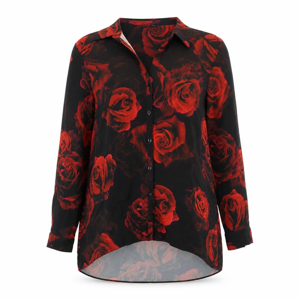 Front view of Roman women’s black floral polyester basic blouse, size UK 12, collared