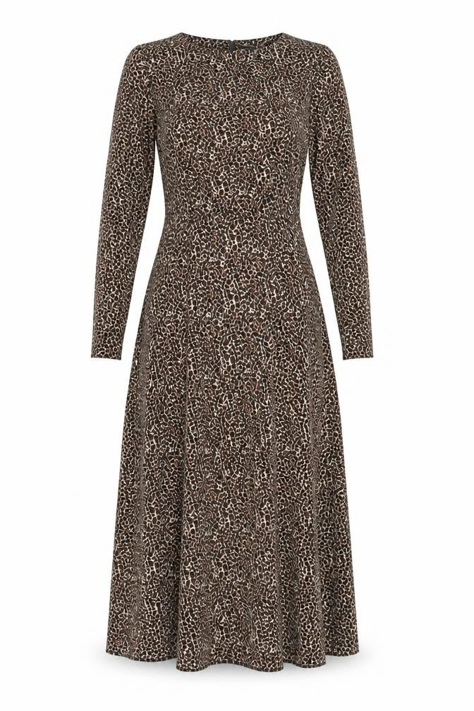 Front view of ASOS women’s brown animal print polyester a-line, size UK 10, square neck zip