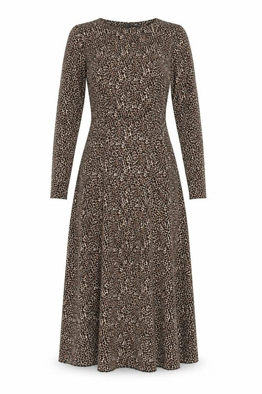 Front view of ASOS women’s brown animal print polyester a-line, size UK 10, square neck zip