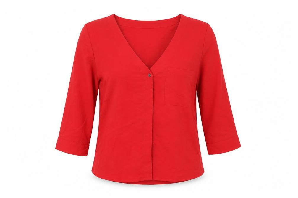 Front view of New Look women’s red polyester basic blouse, size UK 10, v-neck