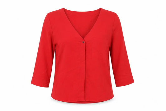 Front view of New Look women’s red polyester basic blouse, size UK 10, v-neck