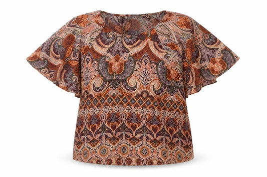 Front view of Only women’s brown geometric polyester basic blouse, size UK 12, round neck