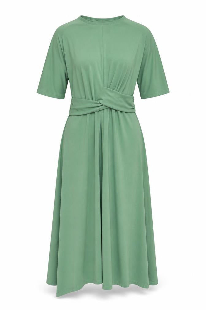 Front view of Topshop women’s green polyester a-line, size UK 8, round neck pullover