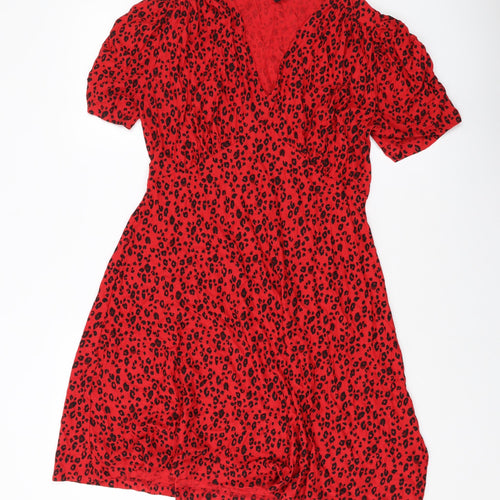 NEXT Womens Red Animal Print Viscose A-Line Size 14 V-Neck Pullover