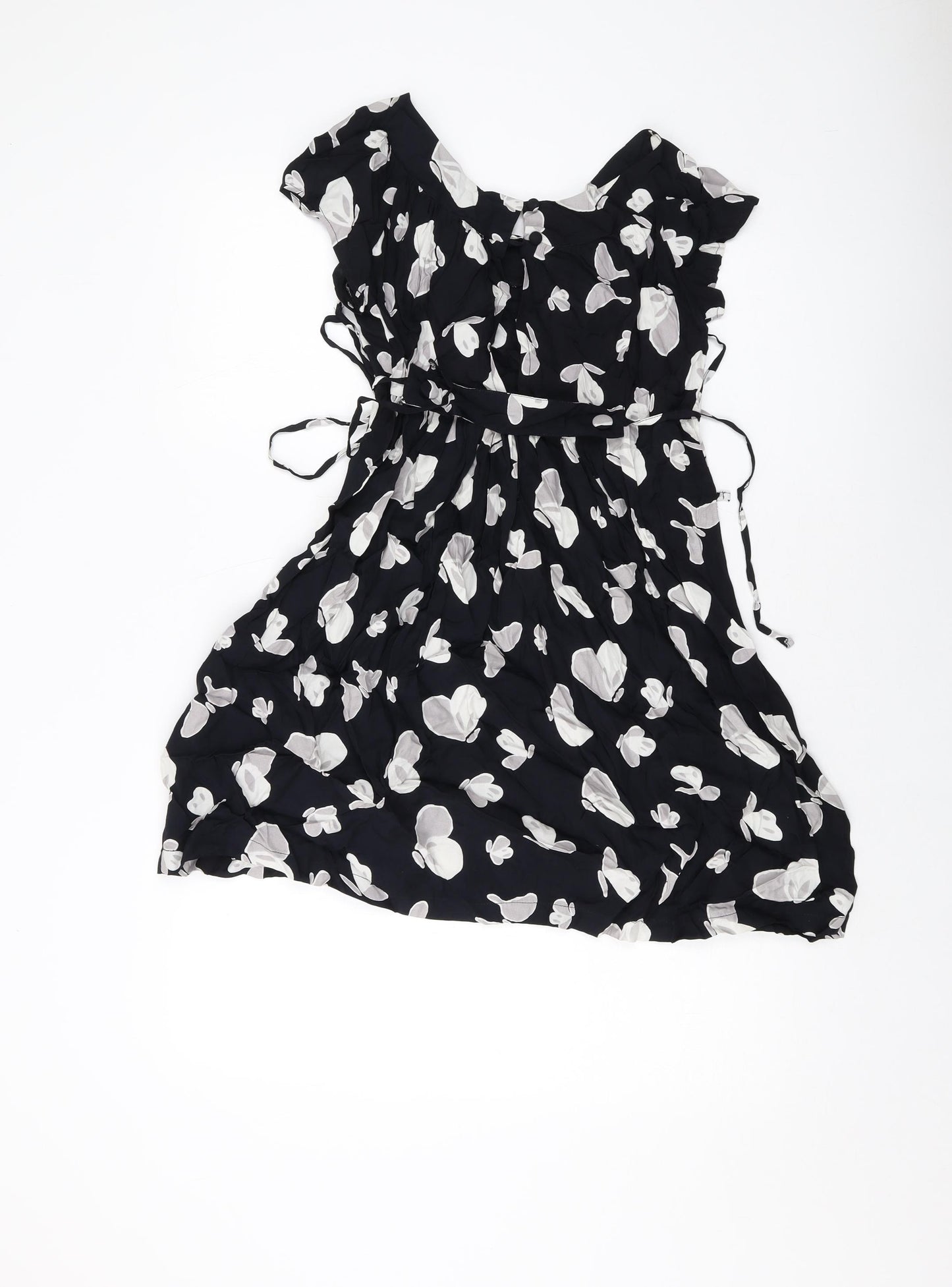 To[psho[ Womens Black Geometric Viscose A-Line Size 8 Round Neck Button