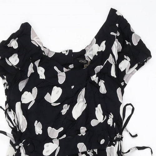 To[psho[ Womens Black Geometric Viscose A-Line Size 8 Round Neck Button