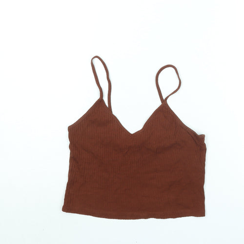 Topshop Womens Brown Cotton Cropped Tank Size 10 V-Neck - Ribbed