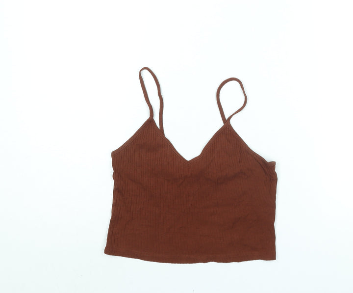Topshop Womens Brown Cotton Cropped Tank Size 10 V-Neck - Ribbed