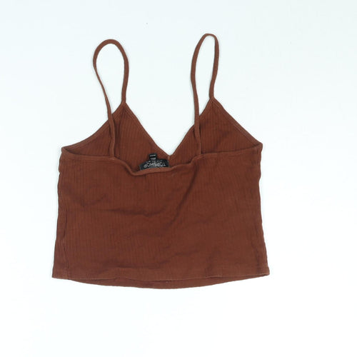 Topshop Womens Brown Cotton Cropped Tank Size 10 V-Neck - Ribbed