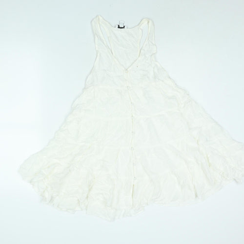 Topshop Womens White Viscose Mini Size 8 Scoop Neck Button - Smocked Flare