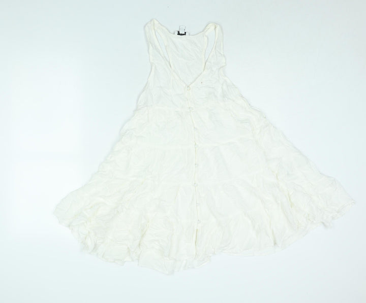 Topshop Womens White Viscose Mini Size 8 Scoop Neck Button - Smocked Flare