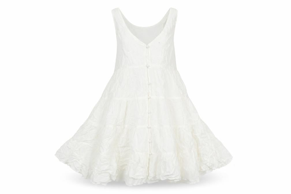 Front view of Topshop women’s white viscose mini, size UK 8, scoop neck button - smocked flare