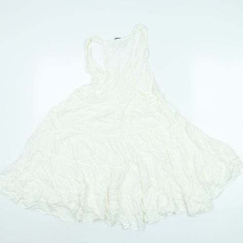 Topshop Womens White Viscose Mini Size 8 Scoop Neck Button - Smocked Flare