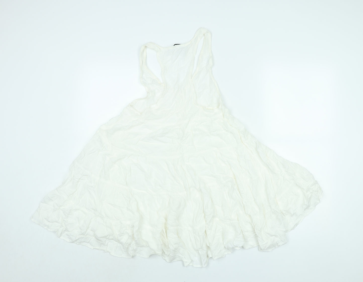 Topshop Womens White Viscose Mini Size 8 Scoop Neck Button - Smocked Flare