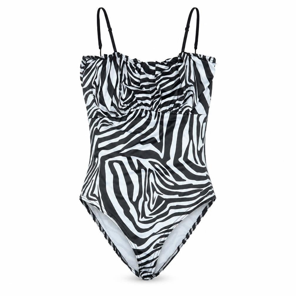 Front view of PRETTYLITTLETHING women’s black animal print polyester bodysuit one-piece, size UK 8, pullover - zerbra print