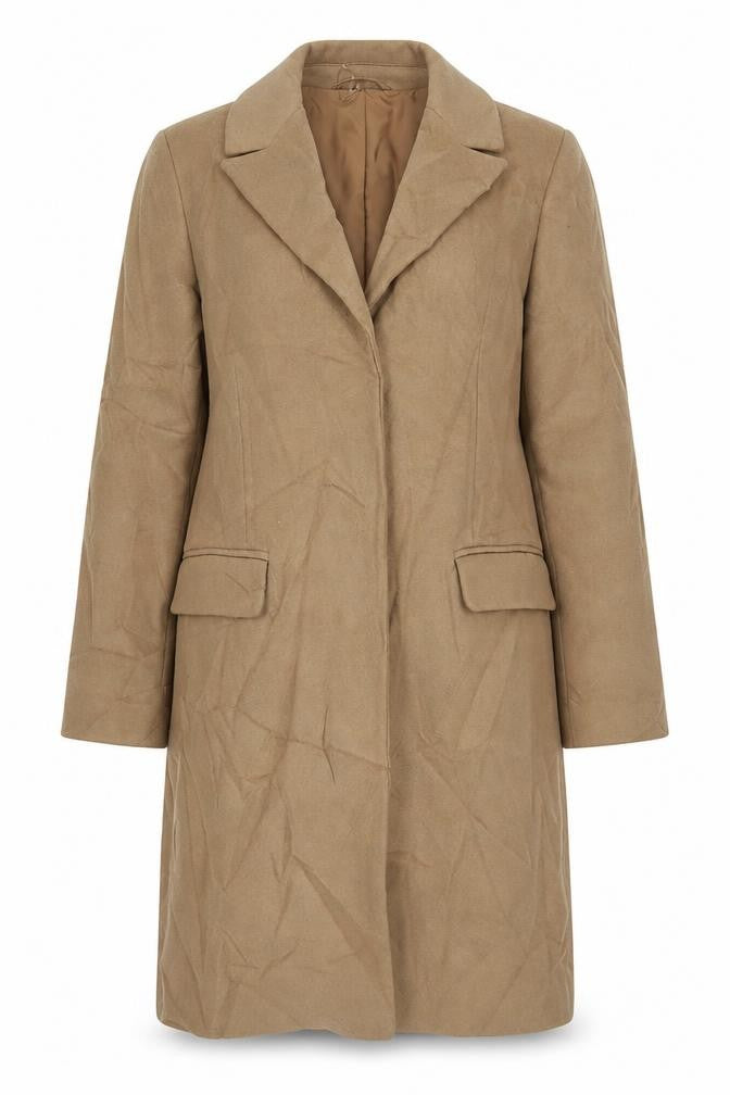 Front view of Marks & Spencer women’s beige overcoat coat, size UK 8, snap