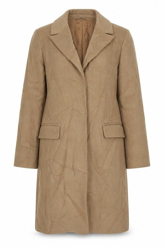 Front view of Marks & Spencer women’s beige overcoat coat, size UK 8, snap