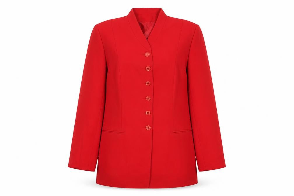 Front view of Richards women’s red jacket blazer, size UK 14, buckle