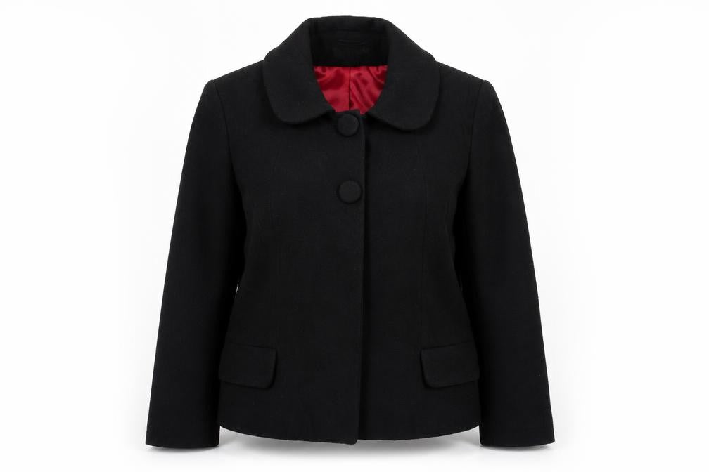 Front view of H&M women’s black jacket, size UK 14, snap