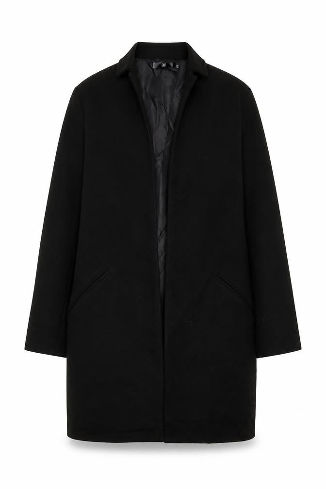 Front view of Marks & Spencer women’s black overcoat coat, size UK 8, - open