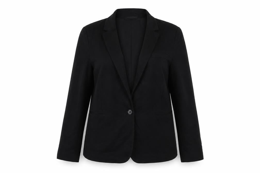 Front view of Marks & Spencer women’s black jacket blazer, size UK 14, button