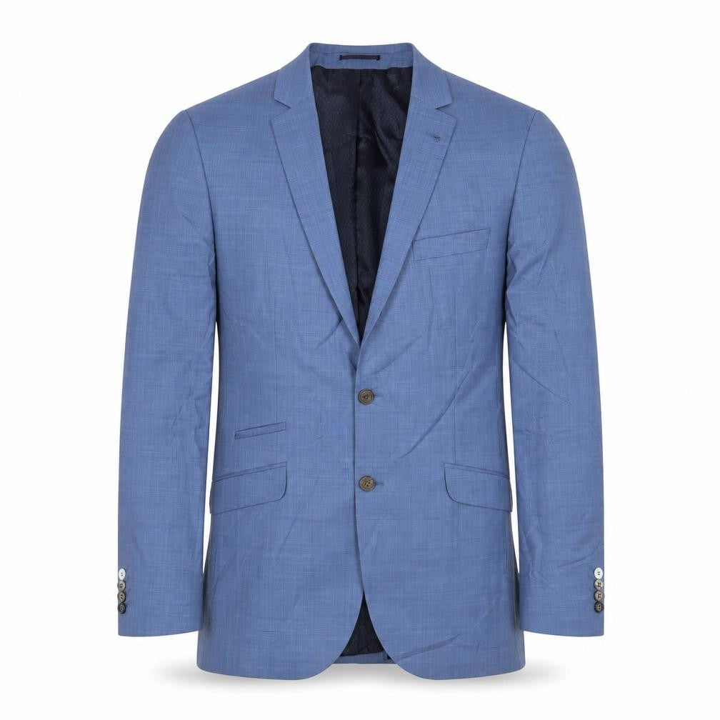 Front view of River Island men’s blue wool jacket suit jacket, size 42, regular