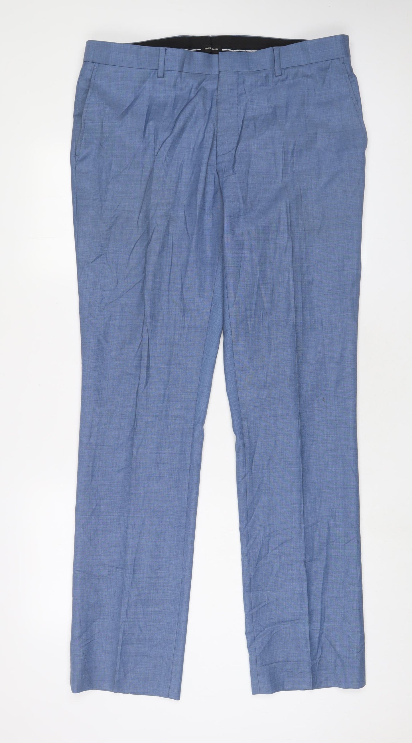 River Island Mens Blue Wool Trousers Size 36 in L34 in Regular Hook & Eye - Long Leg