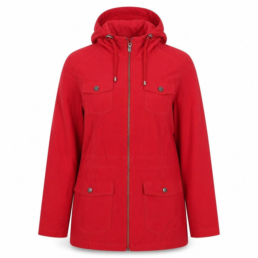 Front view of Marks & Spencer women’s red jacket, size UK 10, zip