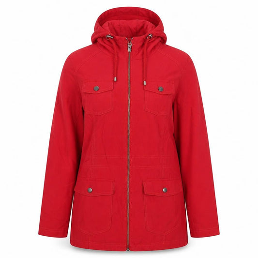 Front view of Marks & Spencer women’s red jacket, size UK 10, zip