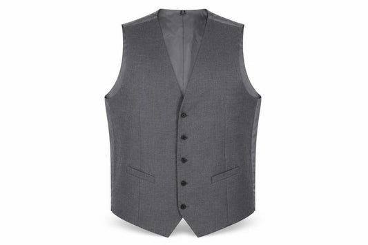 Front view of Marks & Spencer men’s grey polyester jacket suit waistcoat, size 48, regular