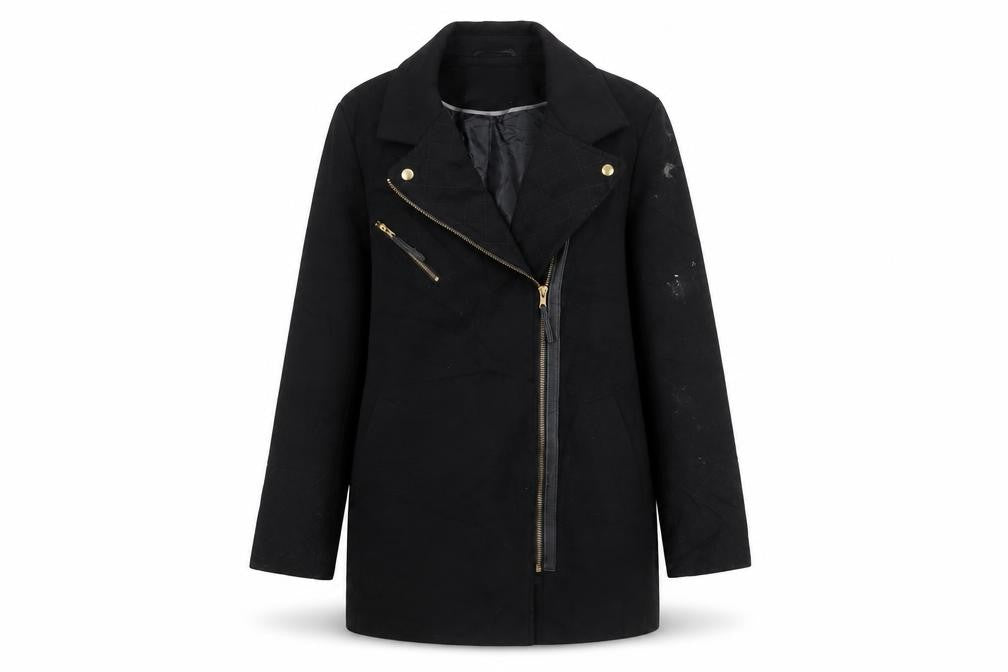 Front view of Dorothy Perkins women’s black overcoat coat, size UK 12, zip