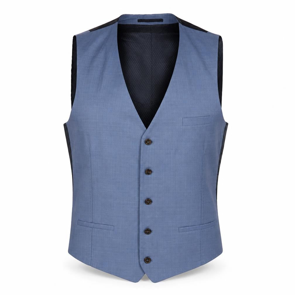 Front view of River Island men’s blue wool jacket suit waistcoat, size 44, regular
