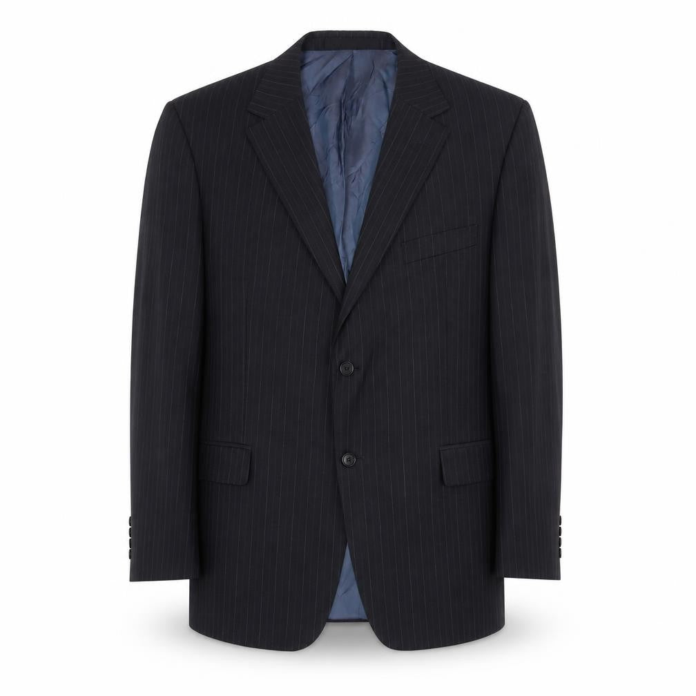 Front view of Marks & Spencer men’s black striped wool jacket suit jacket, size 44, regular