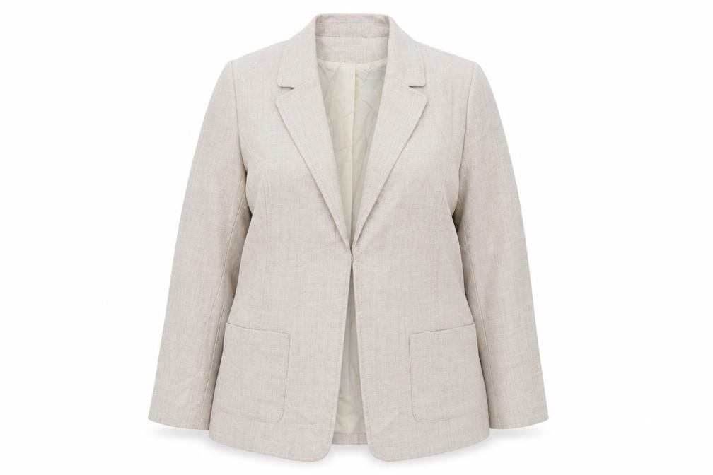 Front view of EWM women’s beige jacket blazer, size UK 16, button